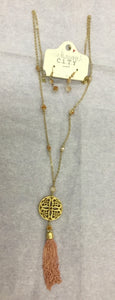 Necklace Crystal Studded Gold Medallion Rose Tassel with Earrings